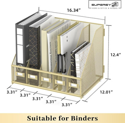 SUPEASY Desk Organizers Metal Desk Magazine File Holder with 5 Vertical Compartments Rack File Organizer for Office Desktop, Home Workspace, Golden Yellow, Plus