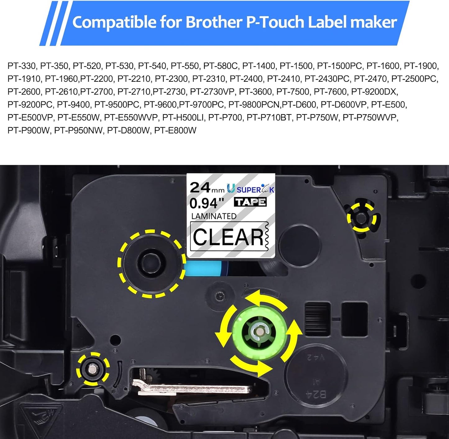 6PK 24mm Clear Label Tape Compatible for Brother P-Touch Label Maker Tape TZe-151 1 Inch TZe TZ Label Tape TZ-151 TZe151 TZ151 24mm 0.94'' Laminated Clear Tape for PT-D600 D610BT P700
