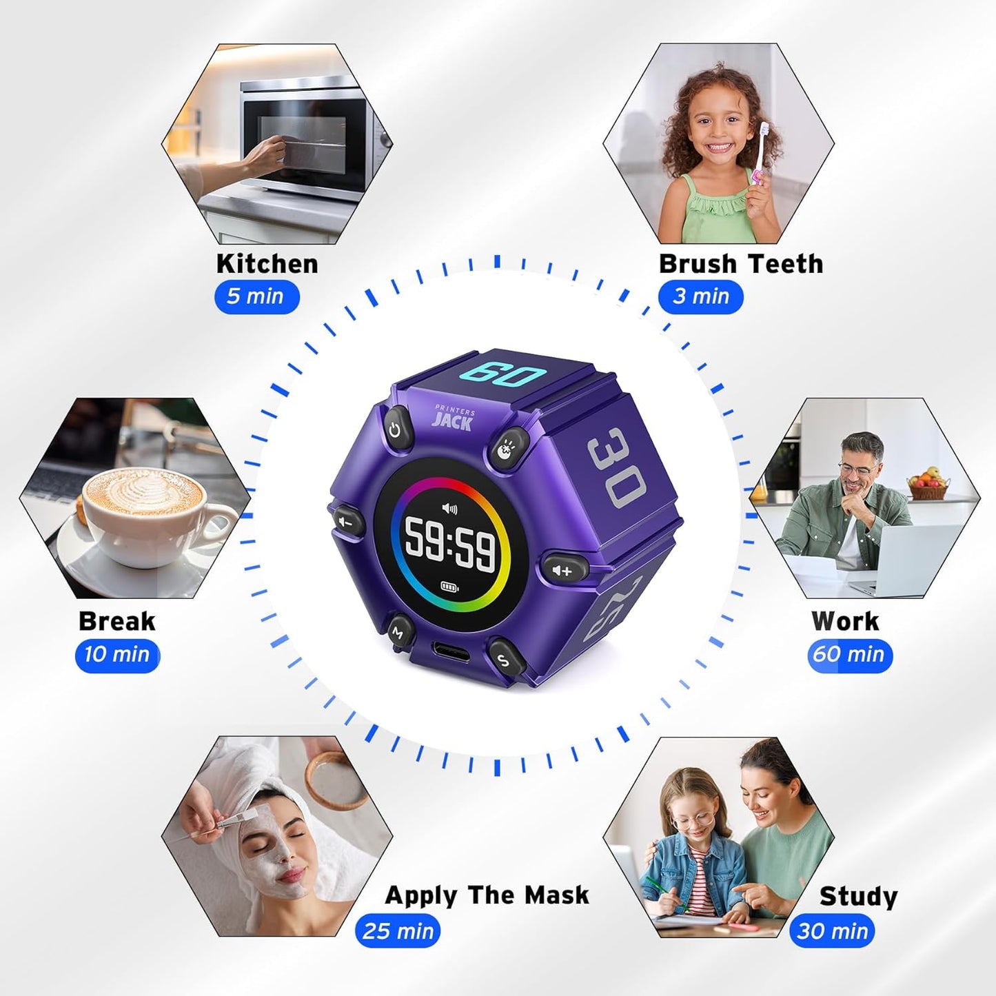 Printers Jack, Productivity Cube Timer, Visual Pomodoro Timer, Mute & Vibration & Adjustable Sound Alert, ADHD, for Office, Study, Work, 3/5/10/25/30/60min & Custom Countdown - Purple