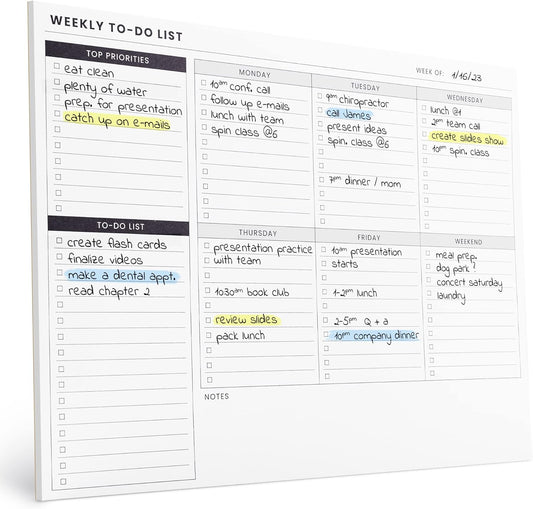 Weekly Planner Pad: To Do List Desk Notepad with Multiple Sections - 8.5x11" 52 Sheets - Undated Tear Off Notebook Calendar - Habit Planning Tracker, Task Goal Checklist Organizer - Agenda Plan Pad
