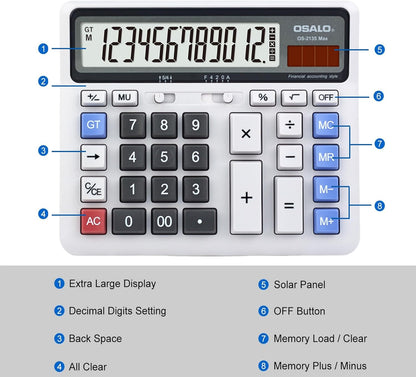 Desktop Calculator Extra Large LCD Display 12-Digit Big Number Accounting Calculator with Giant Response Button, Battery & Solar Powered, Perfect for Office Business Home Daily Use(OS-2135)