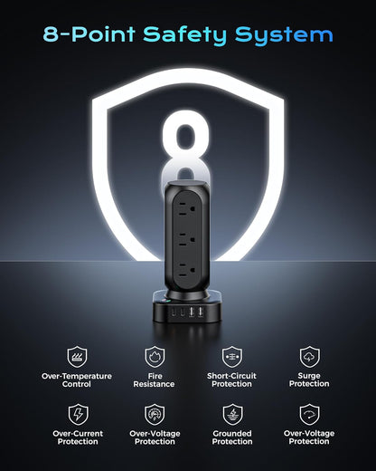 Tower Surge Protector Power Strip, Flat Plug 10FT Extension Cord with Multiple Outlets, 12 AC Outlets & 8 USB Ports, 24W Outlet Extender Overload Protection for Home Office Room