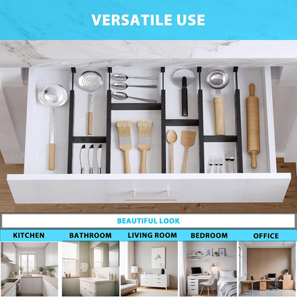 6 Pack Bamboo Drawer Dividers with 12 Inserts, Expandable Adjustable Clothes Drawer Organizers and Storage from 17" to 22" for Kitchen, Bedroom, Dresser, Cosmetics (Black)