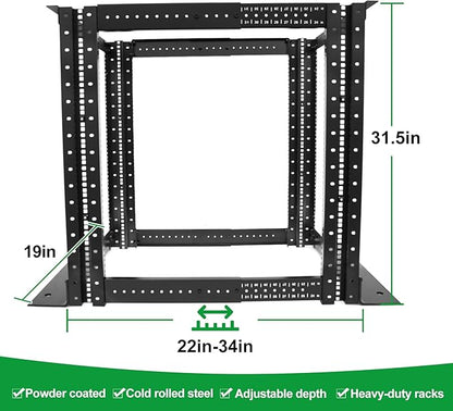 4-Post 15U Open Frame Server Rack for 19" IT Network Equipment & A/V Devices，22"-34" Adjustable Depth，Heavy Duty Free Standing Rack for Servers & AV Gear 4POST-N15U