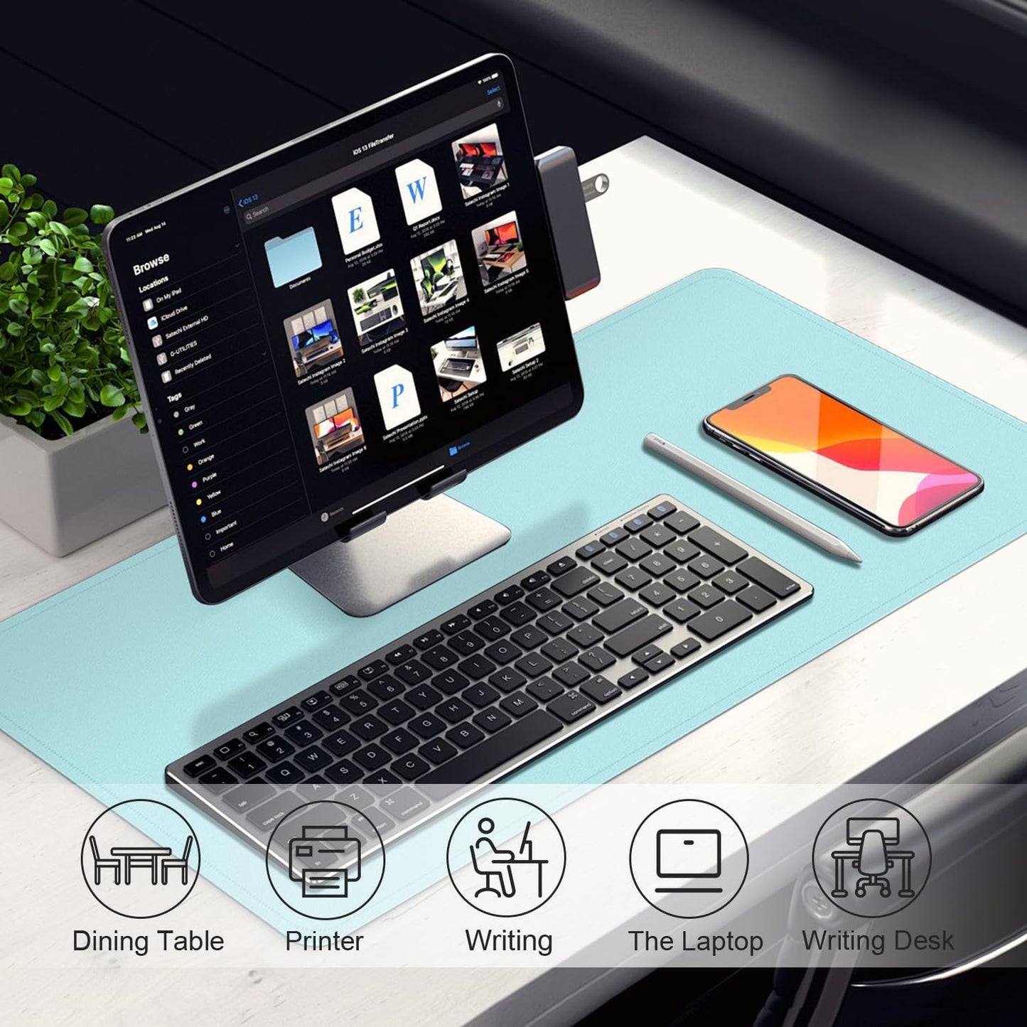 Leather Desk Pad Protector, 39.4'' X 17'' Large Mouse Pad, Office Desk Mat, Non-Slip PU Leather & Suede Base Desk Blotter, Laptop Desk Pad, Desktop Mat for Office Home, Aqua Frost Blue