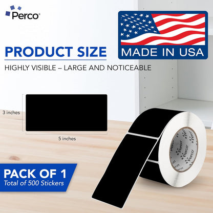 Perco Black Labels 3x5 Inch 500 Stickers/Roll with Easy Peel Perforation and Strong Adhesion for Inventory Management, Color Coding, Moving Boxes, Retail, Organizing & Crafts – Made in USA