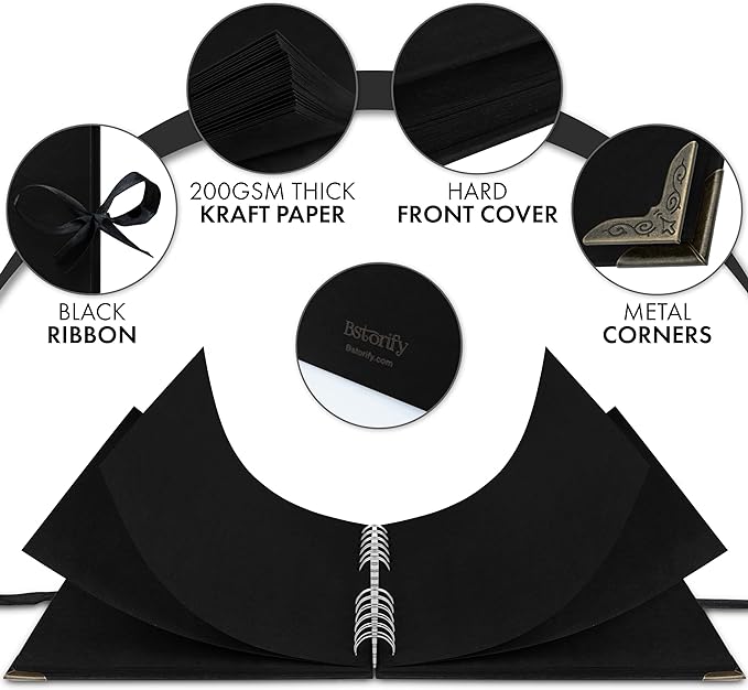 Bstorify Scrapbook Album 60 Pages (8 x 8 inch) Black Thick 250gsm Kraft Paper, Corner Protectors - Scrap Book, Ribbon Closure - Ideal for Your Scrapbooking Albums, Art & Craft Project