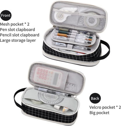 Large Pencil Case Zipper Pencil Pouch for Girls Boys Adults Kids Aesthetic Pencil Bag Organizer Big Capacity Pens Bag with Handle Portable for School Office Black-plaid