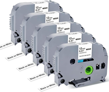 Label Maker Tape Replacement for Brother P Touch Label Tape TZE-231 Tz231 Laminated Tape Black on White 12mm 0.47 inch x 26.2ft 8m 1/2 for Ptouch PTD400AD PTH110 PT-D210 PT-D400 PTD600 PTD220,5 Pack