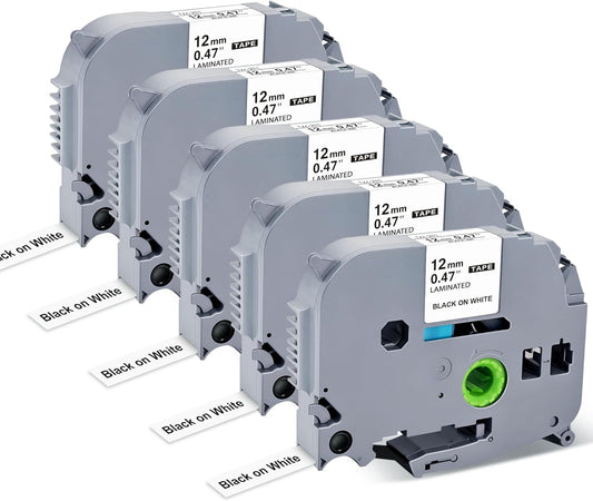 Label Maker Tape Replacement for Brother P Touch Label Tape TZE-231 Tz231 Laminated Tape Black on White 12mm 0.47 inch x 26.2ft 8m 1/2 for Ptouch PTD400AD PTH110 PT-D210 PT-D400 PTD600 PTD220,5 Pack
