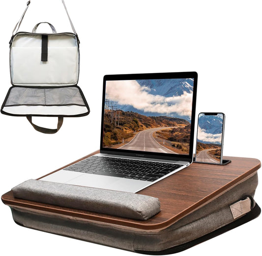 Lap Desk for Laptop Stand with Cushion, Adults with Storage Fits Up to 15.6in, Combines Features Bag and Pillow Table by Travel, Portable Workstation for Home College Office (Walnut Color)