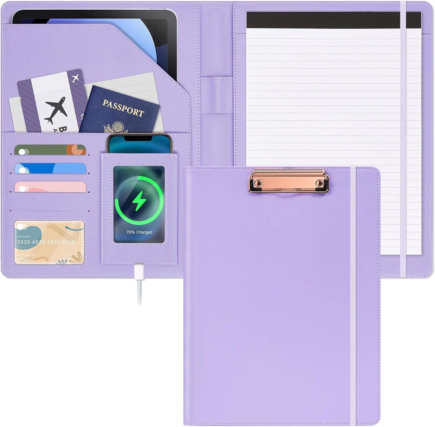 Ospelelf Foldable Leather Clipboard Folio with Notepad 8.5 x 11, Purple Business Padfolio for Women Portfolio Organizer