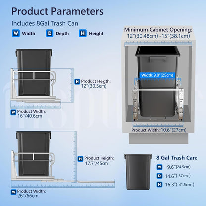Insputer 8 Gal Pull Out Trash Can Under Cabinet, Heavy Duty Under Sink Garbage Can Kit with Soft-Close Slides for Kitchen, Laundry, Requires Minimum Cabinets Opening 12" W X 18" D