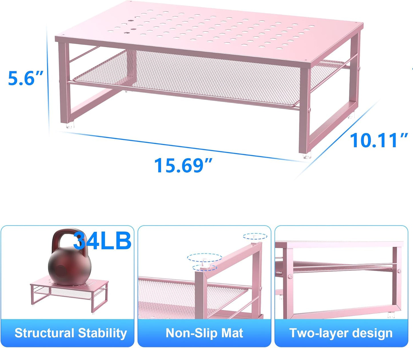 Gianotter 2-Tier Metal Monitor Stand Riser, Workspace Organizer with Desk Accessories, Office Storage for Supplies (Pink)