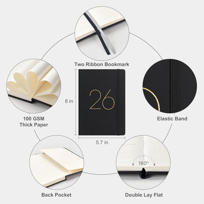 And Per Se 2026 Planner-Daily, Weekly & 15-Monthly Leather Hardcover Planner, 5.7" x 8", Daily Schedule, Monthly Tabs, 100 GSM Thick Paper, Back Pocket(Black)