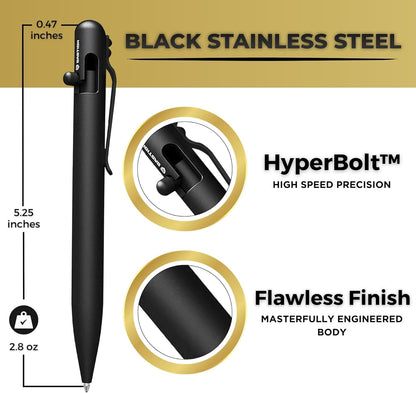 BASTION® Luxury Bolt Action Pen, Durable Professional Ballpoint Pen with Fine Tip, EDC Pen Ink Refillable Pen - Black Stainless Steel