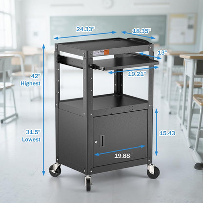 Steel Large AV Cart with Locking Cabinet - Adjustable Height Media Carts with Wheels, Pullout Tray, Power Strip for Mobile Work Station - Rolling Computer Cart for Office Classroom Presentation
