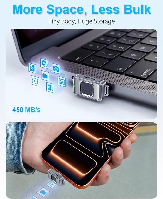 Nano SSD 256GB, USB-C External SSD Storage Hard Drive with Fingerprint Lock, Compatible with iPhone 17/16/15, MacBook, iPad, Steam Deck, PS5, Selfie Stick, Android, Travel and Backup