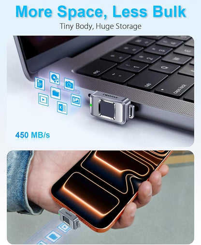 Nano SSD 256GB, USB-C External SSD Storage Hard Drive with Fingerprint Lock, Compatible with iPhone 17/16/15, MacBook, iPad, Steam Deck, PS5, Selfie Stick, Android, Travel and Backup