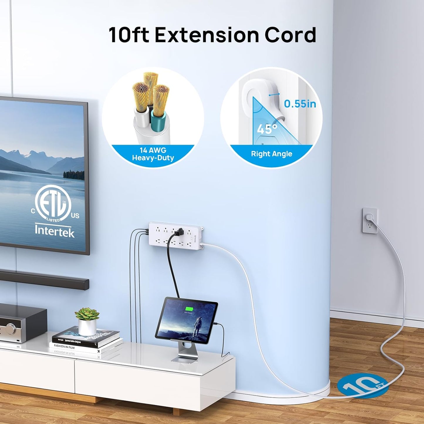 TROND Power Strip Surge Protector, 4000J, ETL Listed, 10 Widely Spaced Outlets, 2 USB A & 2 USB C Ports, Flat Plug Power Strip, 10ft Long Extension Cord, Wall Mountable, for Home Office Garage, White