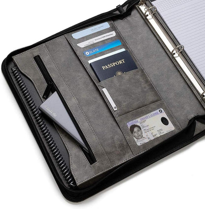 Padfolio Binder - Professional Faux Leather Travel Organizer Pouch for Tablet, Documents, Presentation Folders, Zipper Closure, Detachable 3-Ring Notepad - Gray