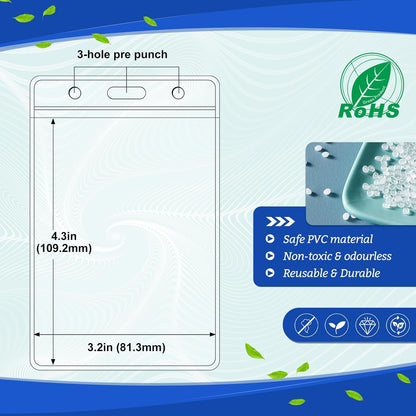 100 Pcs No Zipper ID Name Badge Holder 3 x 4 Inches Clear Plastic Vertical ID Card Holder