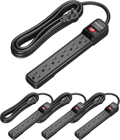 DEWENWILS 15 Foot Long Power Strip, 6-Outlet Power Strip 15FT, 15 Amp Circuit Breaker, Low Profile Flat Plug, Surge Protector for Office, Living Room, Bedroom, 4 Pack, Wall Mount, Black
