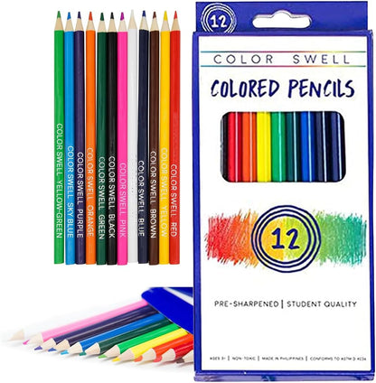 Color Swell Colored Pencil Pack 12 Count Assorted Vibrant Pre-Sharpened Colors Perfect for Kids, Teachers, Classrooms, and All Ages