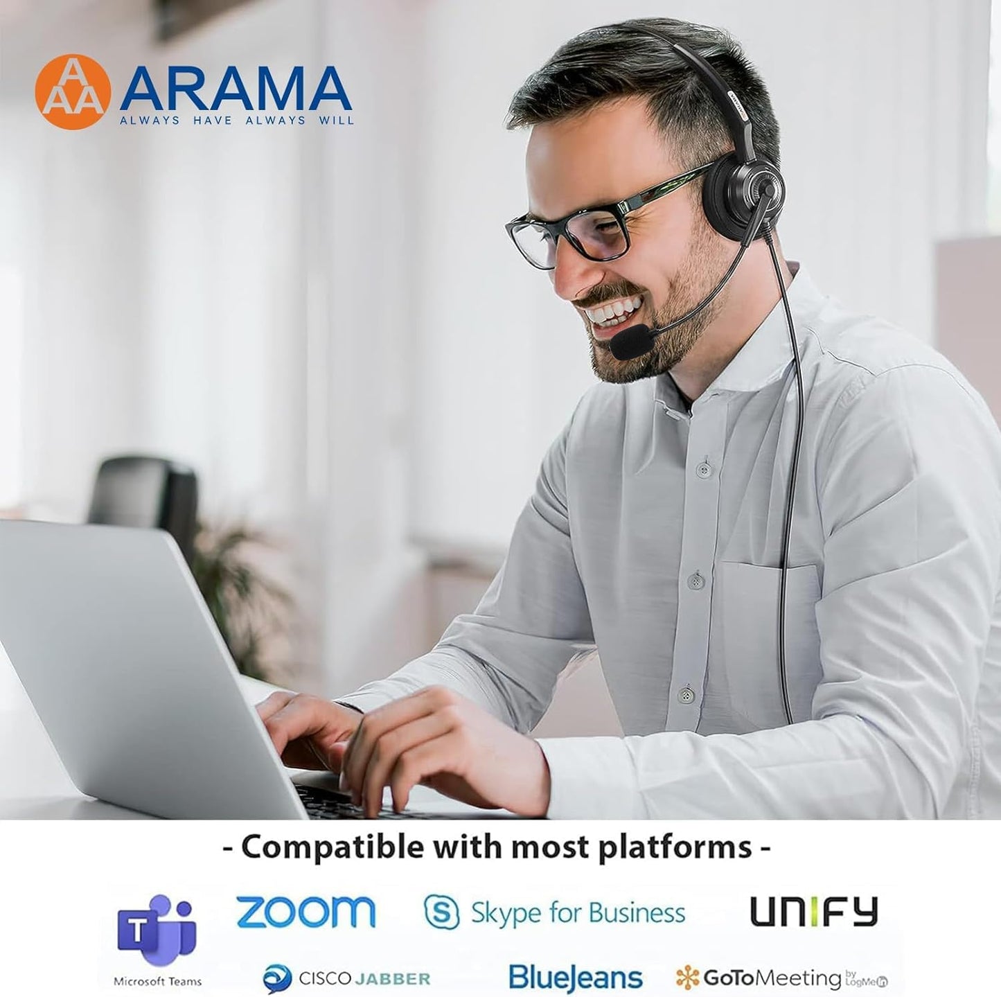 Arama USB Headset with Microphone for PC Laptop, On-Ear Wired Computer Headset with Noise Cancelling Mic & in-line Control for Home Office Call Center Online Class Skype Zoom（A202USB）