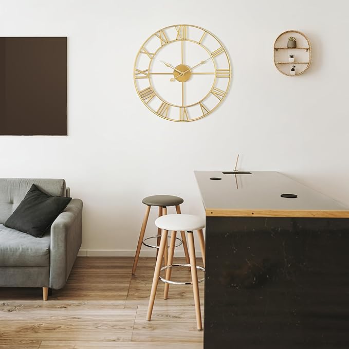 Large Wall Clock for Living Room Decor - 60cm/ 24 Inches Silent Non-Ticking Metal Wall Clocks Battery Operated, Vintage Decorative Modern Wall Clock for Bedroom, Office, Farmhouse Decor