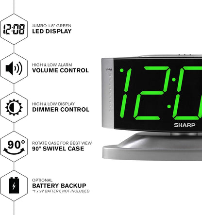 Sharp Home LED Digital Alarm Clock – Swivel Base - Outlet Powered, Simple Operation, Alarm, Snooze, Brightness Dimmer, Big Green Digit Display, Silver Case