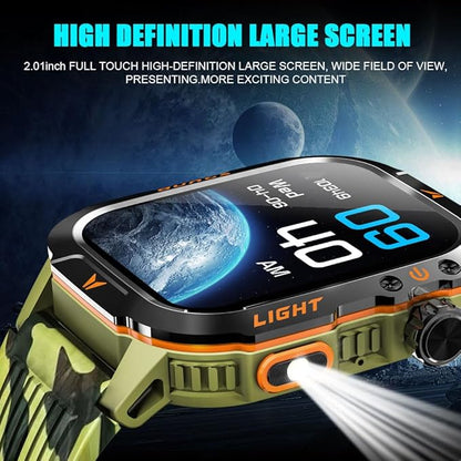QTLLBT Smart Watch Receive/Make Calls LED Flashlight Compass Altitude 2.01HD Fitness Tracker Multi-Watch Face 100+ Sports Mode for Android iOS (Camouflage Green)
