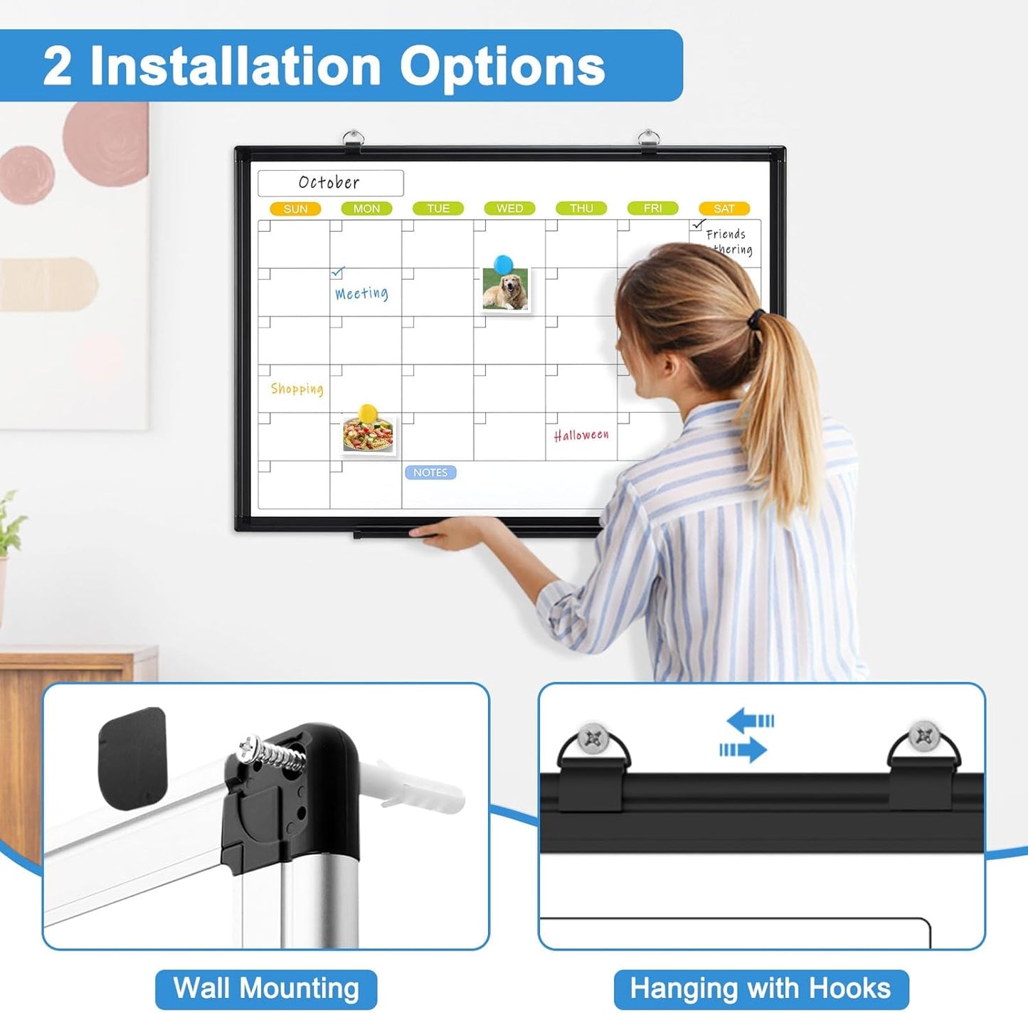 Dry Erase Calendar Whiteboard for Wall, WALGLASS 36" x 24" Magnetic White Board, Monthly Dry Erase Calendar with Silver Aluminum Frame, Double-Sided Hanging Portable Board for Office, Home, School