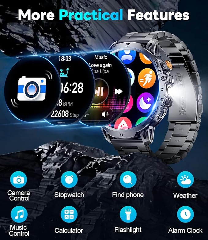 LIGE Smart Watches for Men with 50+Days Standby(1000mAh)/1.85" HD AMOLED Large Screen/Flashlight/50M Waterproof,100+ Sports Fitness Tracker Watch,Pedometer Mens Military Smart Watch for Android iPhone