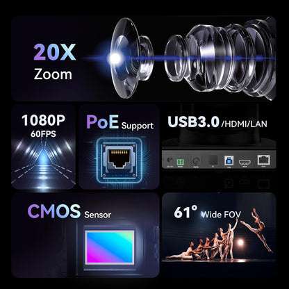 Tenveo HDMI/LAN/USB3.0 PoE PTZ Camera 20X Optical Zoom PTZ Camera IP Live Streaming, FHD 1080P 60FPS, for Church Services Worship Video Conference Live Streaming Online Meeting, 2025 Version