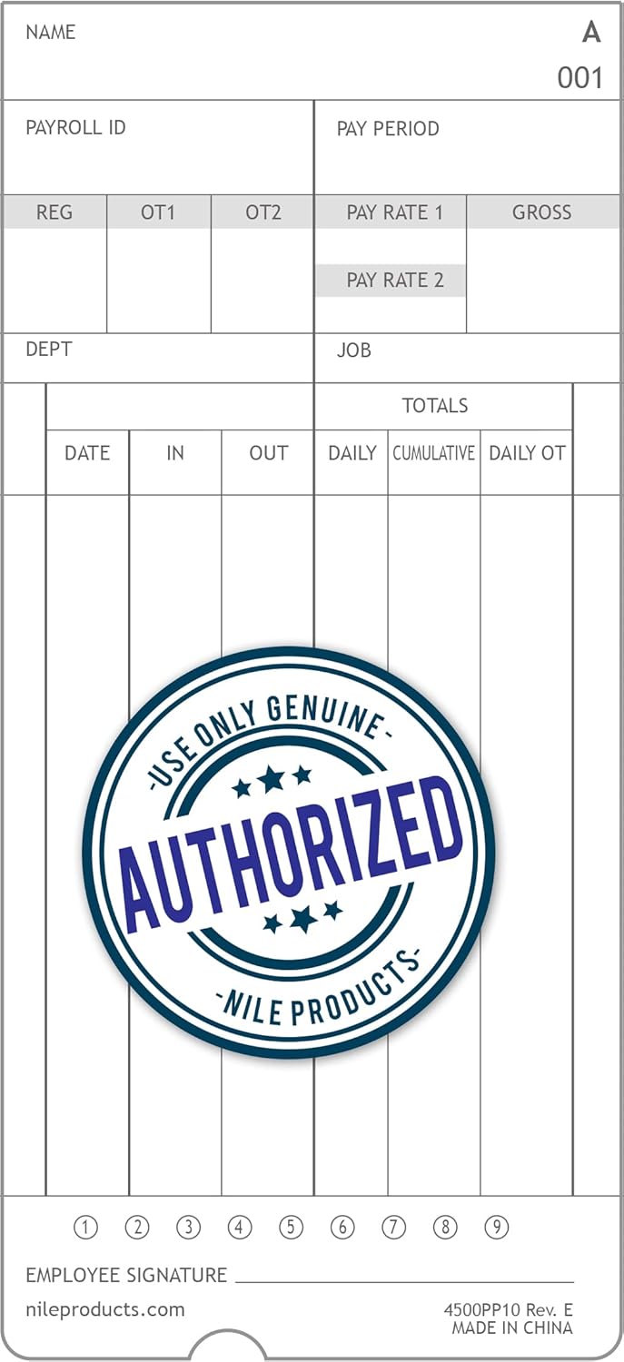 Nile Products - Authorized Time Cards for Nile Products 4500PP Compatible [ 4500PP10 ] Electronic Time Clock, Double Sided Time Sheets (3.37 x 7.37 Inches) - 100 Time Cards Per Package