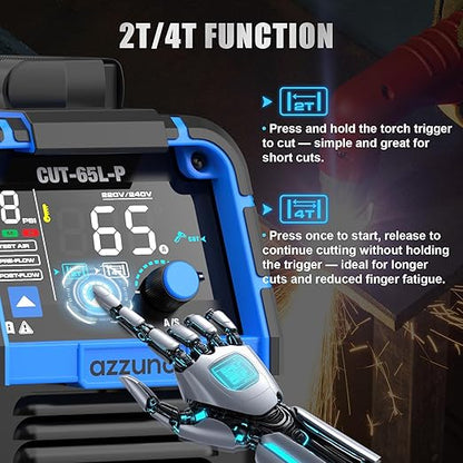 AZZUNO Plasma Cutter 65Amps, Non-Touch Pilot Arc, 110/220V Dual Voltage Large LED Display Plasma Cutting Machine, IGBT Inverter Air Sensor Technology, Max Cut 1" Plate/Mesh Cutting