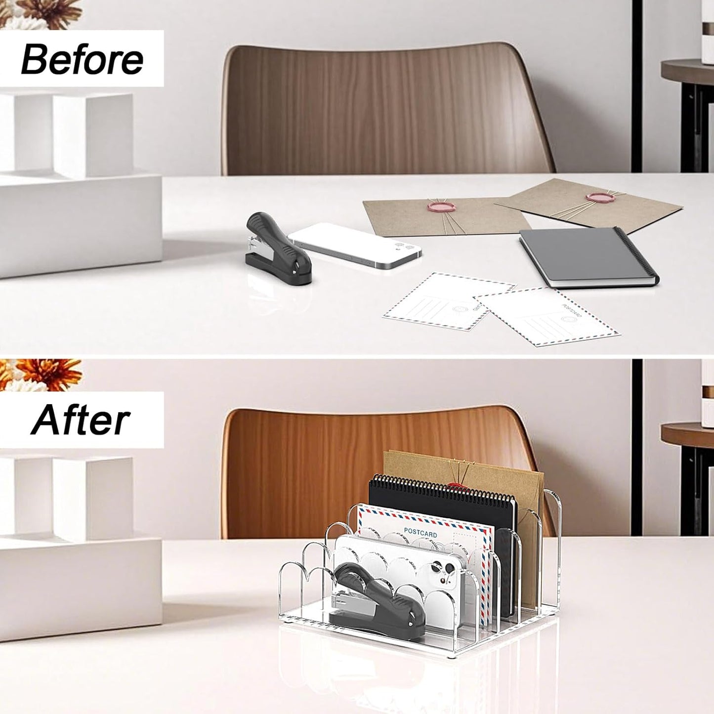 YAGELI 2 Pack 5-Slot Acrylic Mail Organizer for Desktop – Scalloped Clear Document Sorter, Vertical File Holder for Office/Home, Space-Saving Desk Organizer for Letters, Bills, Stationery