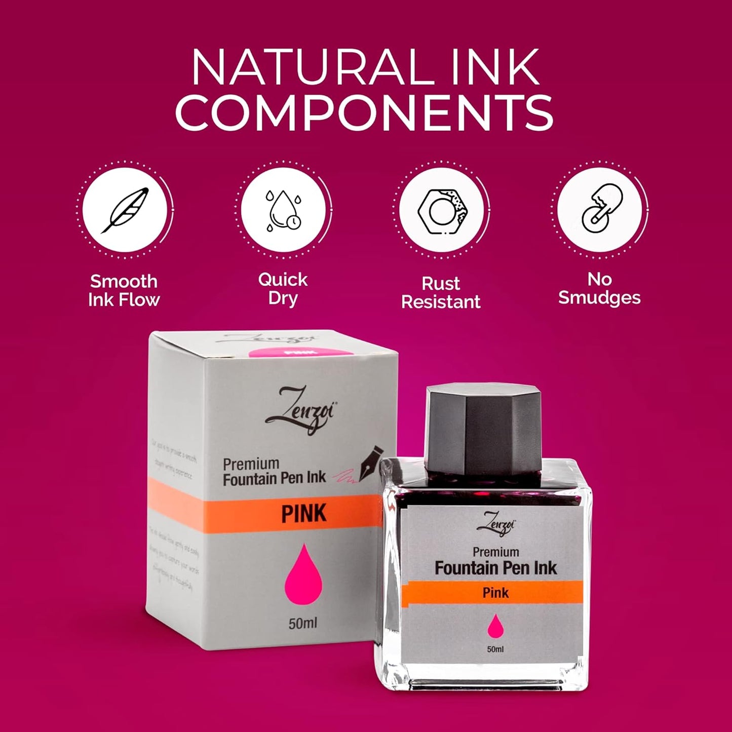 ZenZoi Fountain Pen Ink Bottle 50ml | Premium Designed Bottled Ink for Fountain Pens – Suitable for Calligraphy and All Branded Pens | Quick Drying and Smooth Flow Writing Experience (Pink)