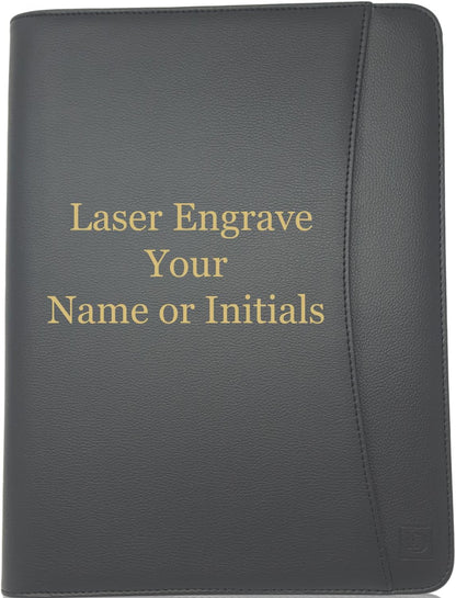 Customized Matt Black Zippered Portfolio Binder - Engraved PU Leather Business Portfolio Organizer - Padfolio for Men & Women with US Letter Notepad, 10.5" Tablet Pocket & Gift Box by Lautus Designs