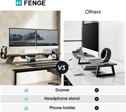 Fenge Dual Monitor Stand, 42.5 Inch Monitor Riser for Desk, Wood Desk Shelf for 2 Monitors, 2 Tier Monitor Shelf with Headphone Stand & Phone Holder