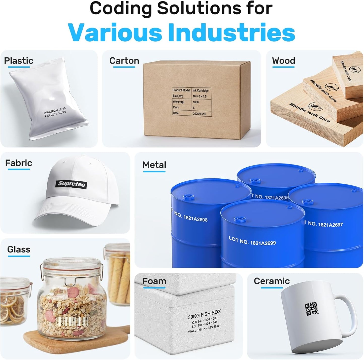 BENTSAI Handheld Inkjet Printer BT-HH6210B 1 Inch (25.4mm) Printhead with 16H Long Endurance for Batch Number Date Logo Barcode QR Code Print on Plastic Cardboard Wood Metal Clothes