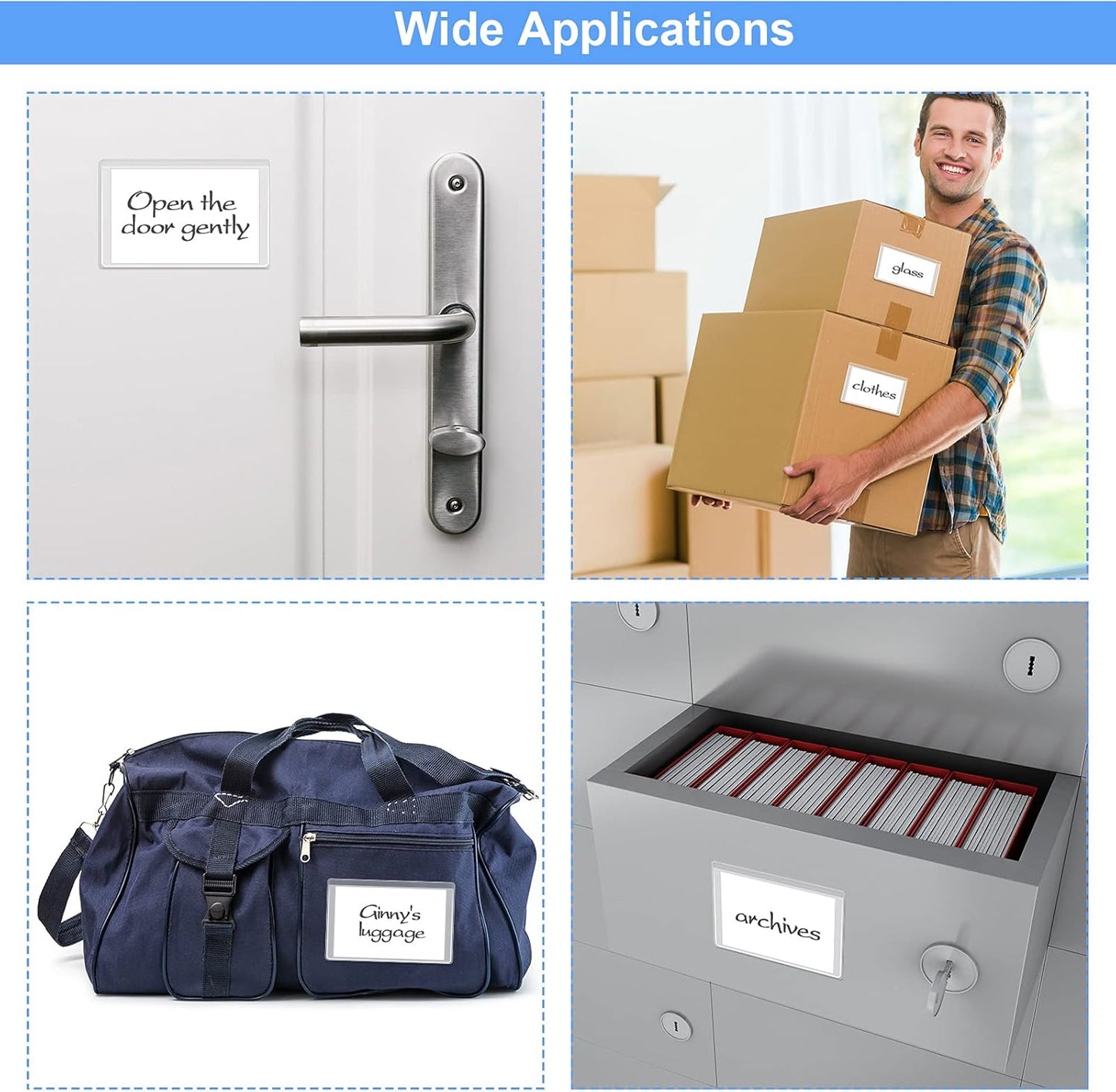 Outus 100 Pieces Self Adhesive Index Card Pockets with Blank Cards 4 x 2.5 Clear Adhesive Pockets Label Holders Bin Labels for Storage Bins Organizing Box Drawer