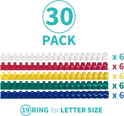Binditek 30 Pack Plastic Binding Comb Spines, 3/4 Inch Diameter, 150 Sheet Capacity, 19 Ring, for Letter Size, Multi Color (White, Yellow, Red, Green, Blue)