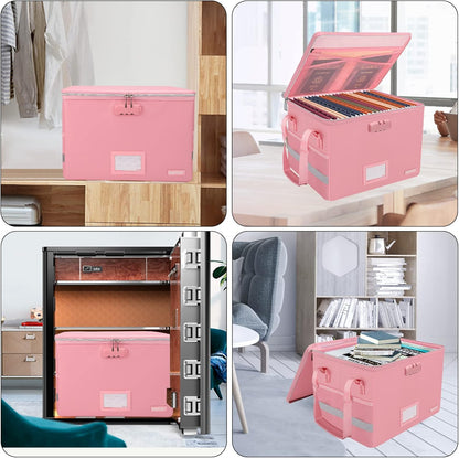ENGPOW File Box with Lock, Fireproof Document Box with Pockets, Collapsible File Organizer Filing Storage Cabinet with Handle, Portable Home Office Safe for Hanging Letter/Legal Folders, Pink, 2 Pack