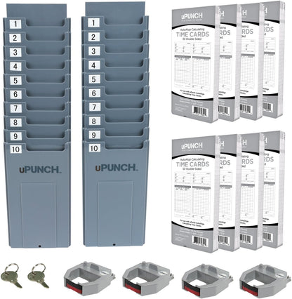 uPunch HN4540 Comprehensive Small Business Start-Up Kit: AutoAlign Calculating Time Clock System with 400 Time Cards, Ribbons, and Racks