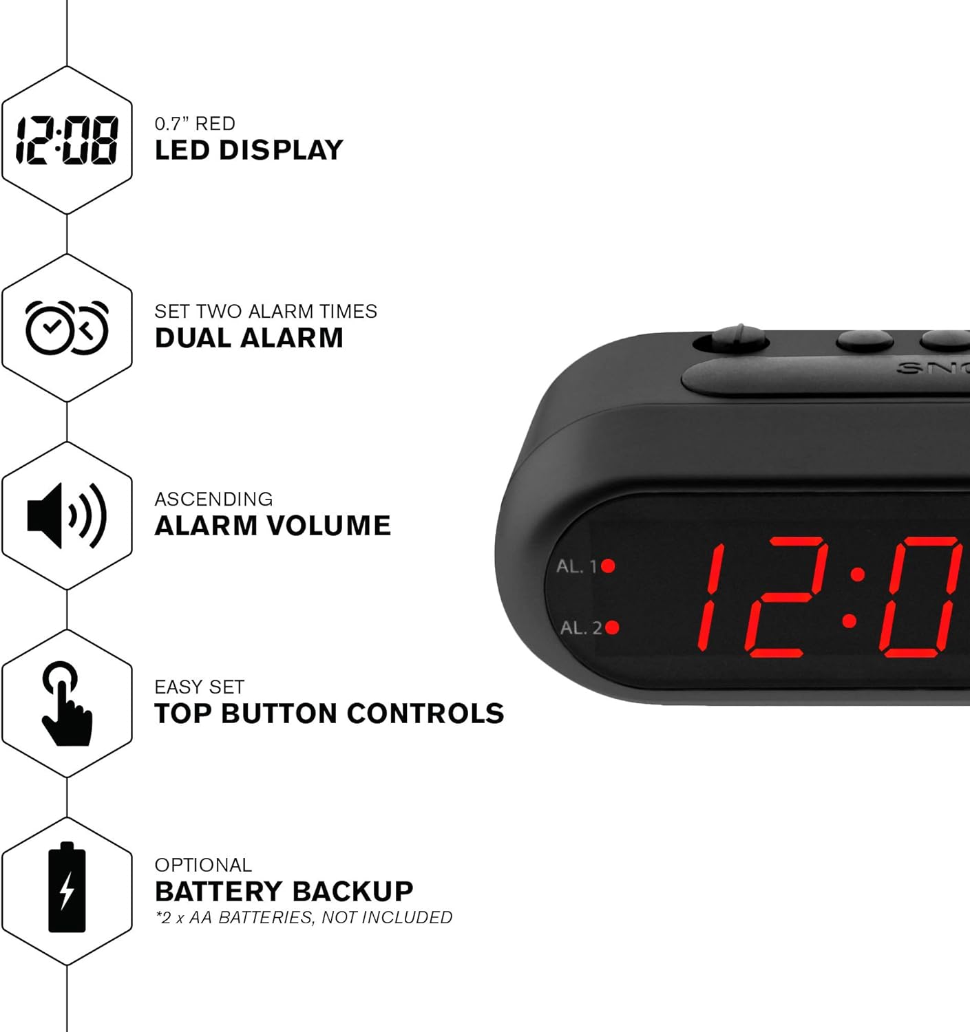 Sharp Digital Alarm Clock – Black Case with Red LEDs - Ascending Alarm Grows Increasing Louder, Gentle Wake Up Experience, Dual Alarm - Battery Back-up, Easy to Use with Simple Operation