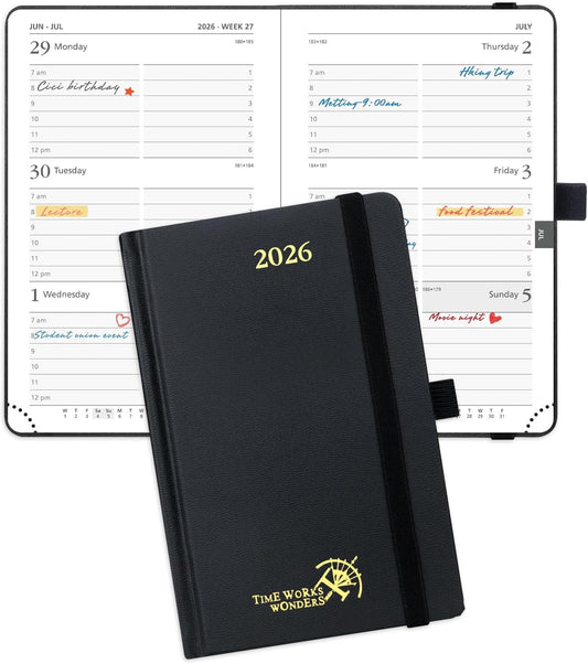 POPRUN 2026 Planner (Pocket Size 4''x 6.25'' Hardcover) - Small Calendar for Purse with Hourly Schedule & Vertical Weekly Layout, Monthly Calendars, 100 GSM - Black