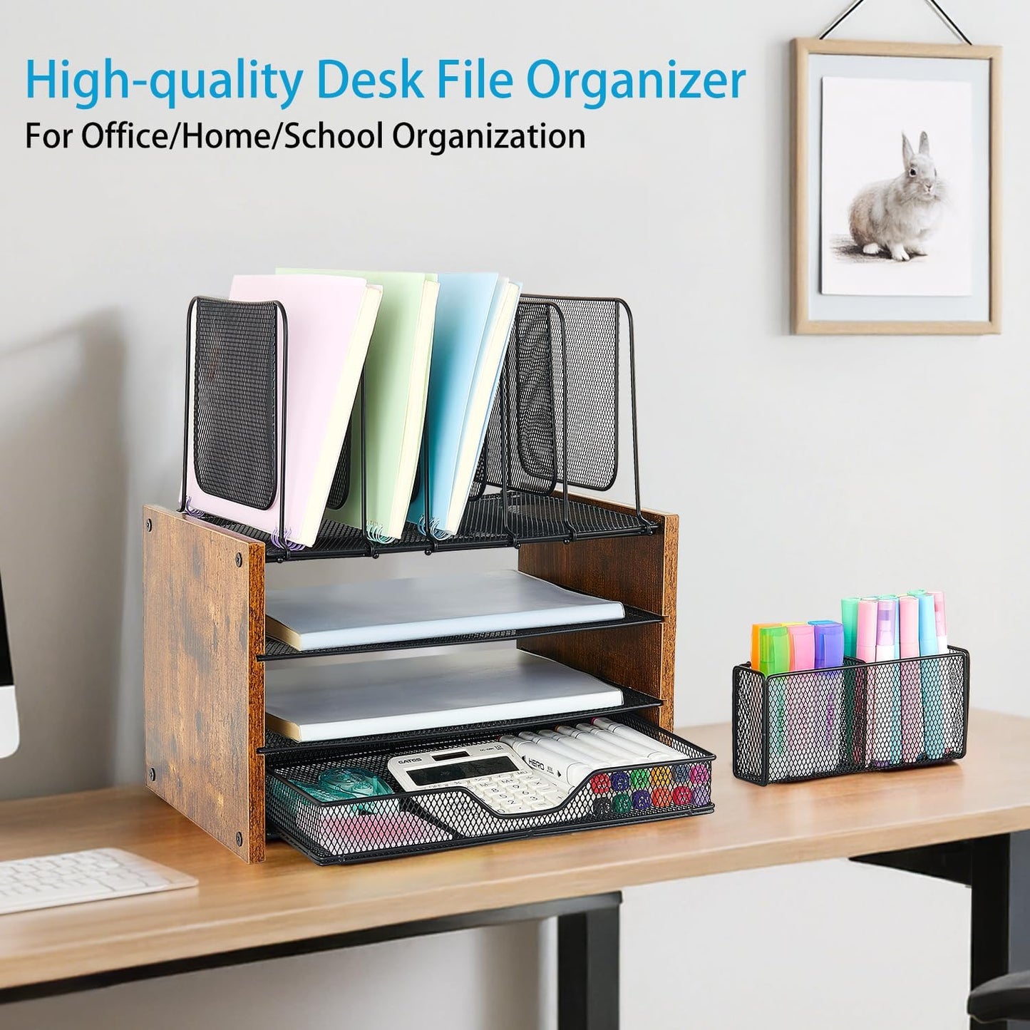 Wood Desk Organizers and Accessories, 4-Tier Workspace Desktop Paper Organizer with Drawer, 5 Vertical File Holders and Pen Holder for Office Supplies