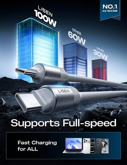 LISEN USB C Cable 10FT, Chubby 100W USB C to USB C Fast Charging Cable, Soft Silicone Long USBC to USBC for iPhone 17 Air 16 15 Pro Max, Samsung S25, MacBook Pro/Air, Switch 2, iPad